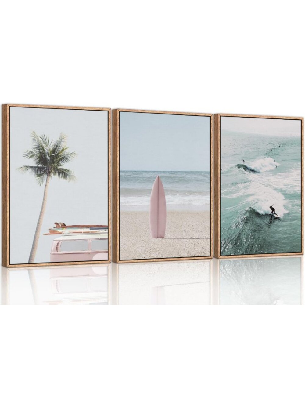 Coastal Beach Wall Art - Framed Palm Tree & Surfboard Seascape Decor